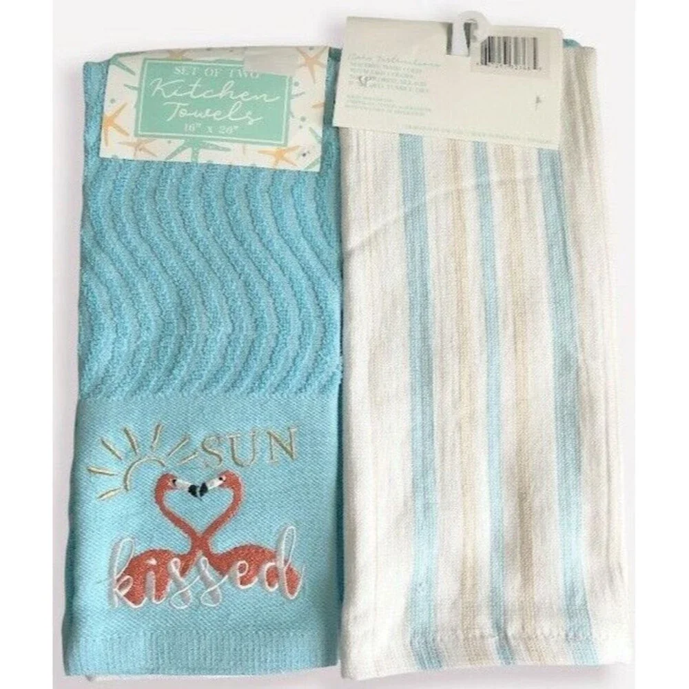 Flamingo Kitchen Dish Towels Set of 2 Aqua Embroidered Sun Kissed Beach Summer
